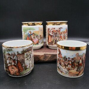Set of 4 Czech Porcelain Mugs – Gold Trim Humorous Scenes w/ Folk Costumes VTG